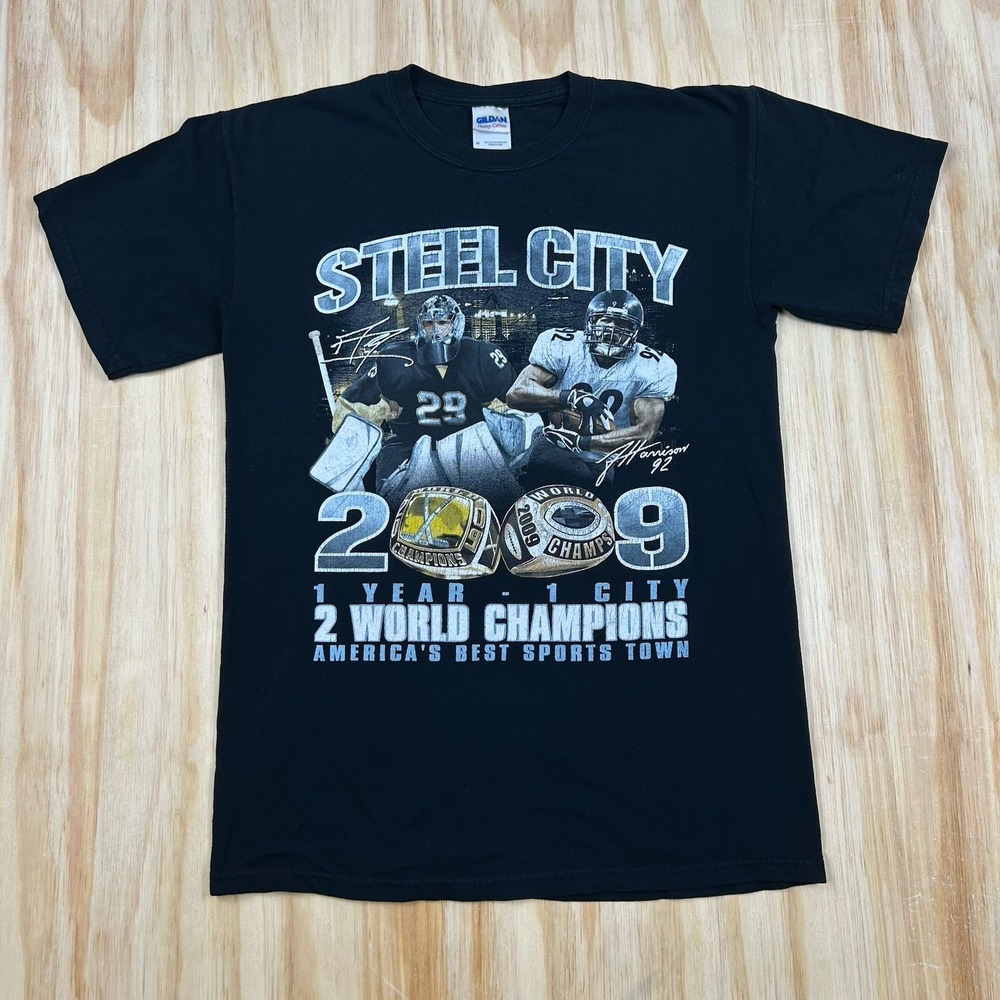 STEEL CITY-Pittsburgh Steelers‎ Penguins 2009 world Champions T Shirt Size M Y2K